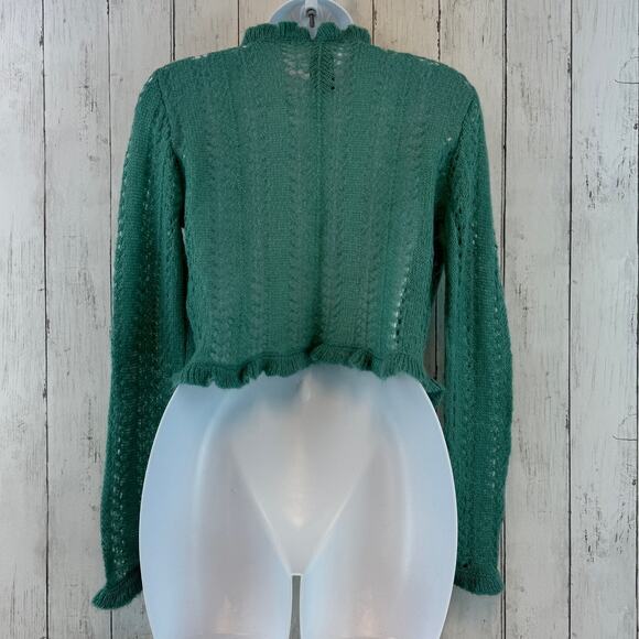 W by Worth Teal Mohair Blend Open Knit Tie Front Cropped Sweater Size Medium - Picture 4 of 10